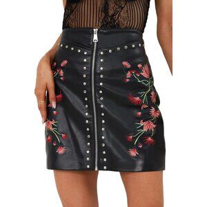Women's Embroidered Faux Leather Bodycon High Waisted Short Pleated Mini Skirt